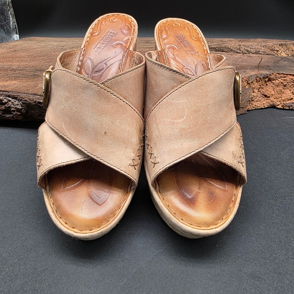 Boho Born Wedge‎ Sandals Womens Size 9 Tan Leather Buckle Slide Platform Mules